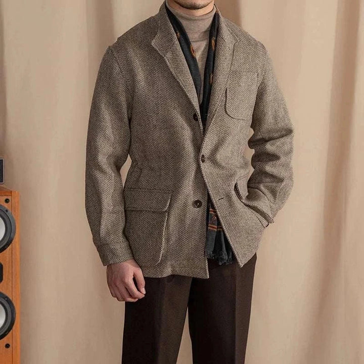 Mr. Lusan jacket vintage beige tweed blazer with brown buttons and flap pockets for men