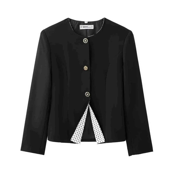 ZA Women's New Spring 2025 black retro contrast spliced long sleeve blazer with gold buttons and polka dot inner lining