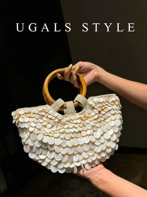 UGALS French vintage handwoven beaded sequined shell cabbage basket ring bucket clutch crossbody bag