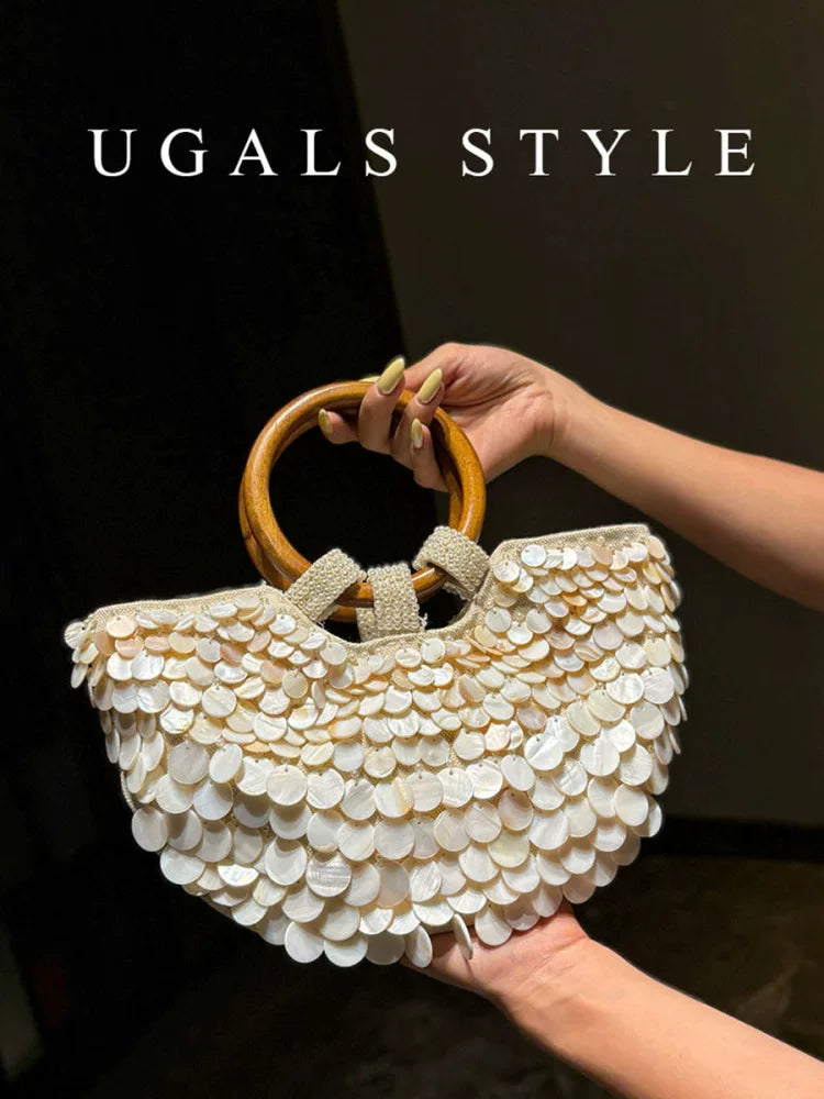 UGALS French vintage handwoven beaded sequined shell cabbage basket ring bucket clutch crossbody bag
