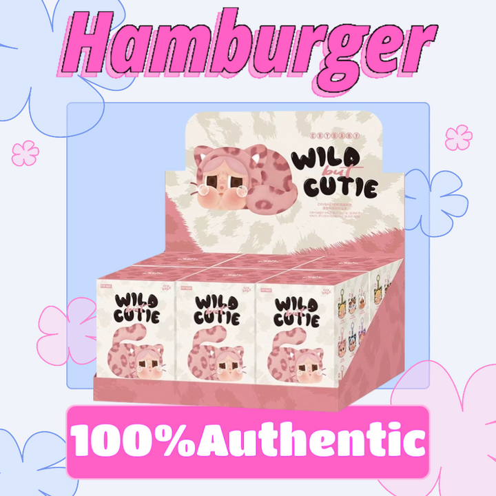 POP MART Crybaby Leopard Cat Series display box showing Wild but Cutie design with pink leopard print and text "100% Authentic" and "Hamburger."