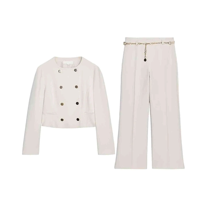 Women's European and American style autumn 2025 jacket and chain belt trousers set in beige