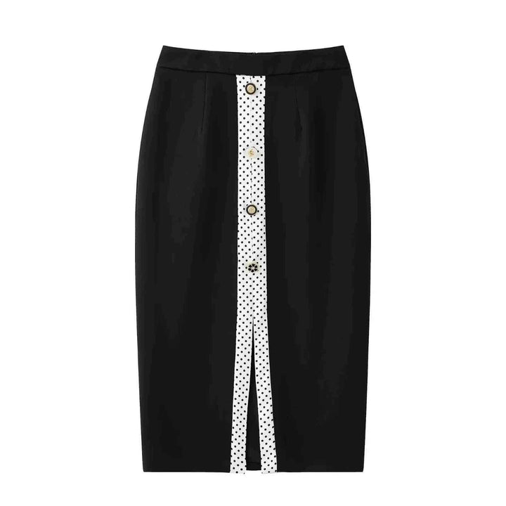 ZA Women's New Spring 2025 retro contrast spliced black high-waisted skirt with white polka dot button detail