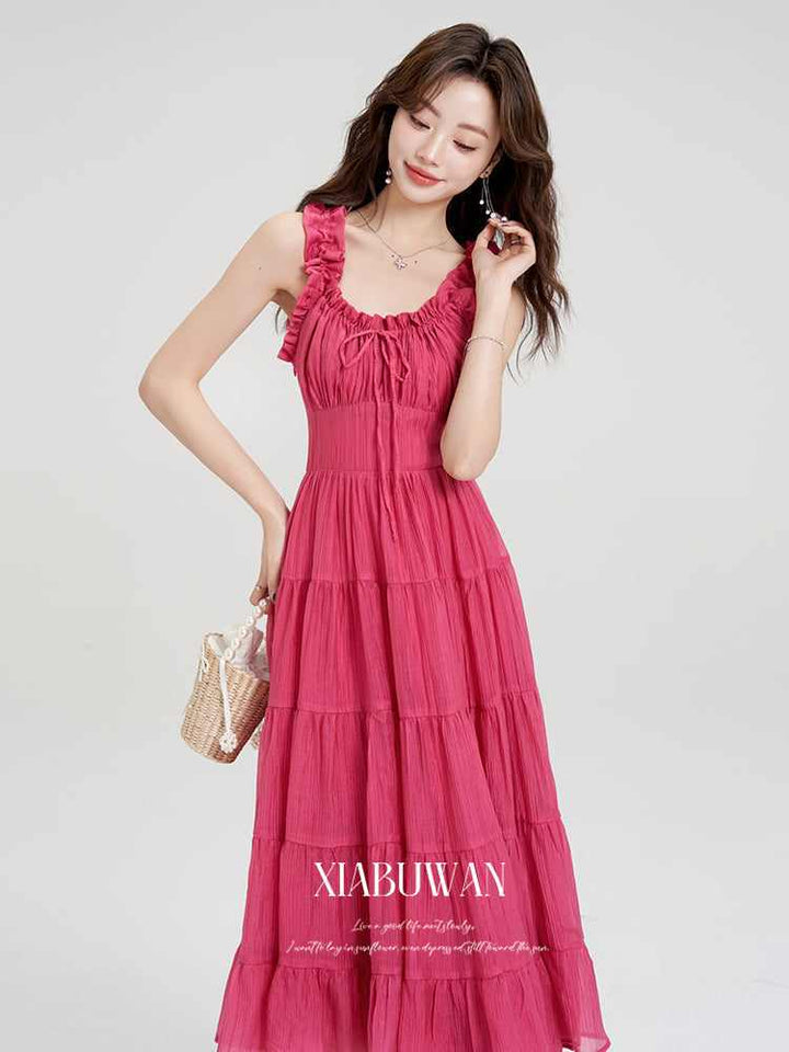 women's summer seaside suspender dress in vibrant pink