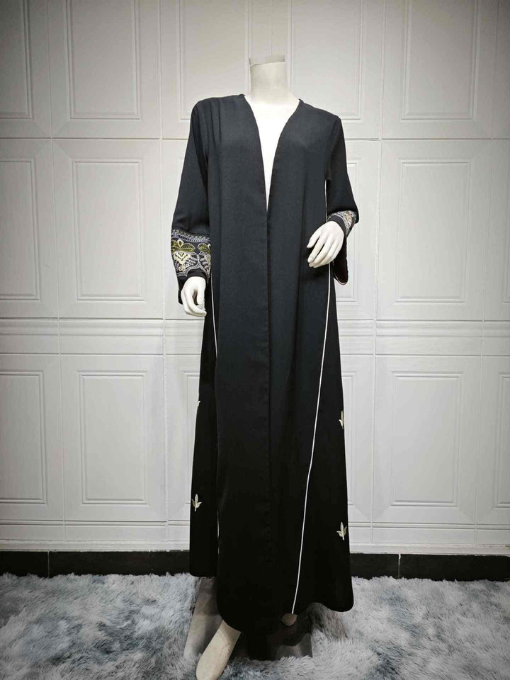 Elegant black Abaya with embroidered sleeves, gold accents, lightweight fabric, MQ105 Muslim fashion.