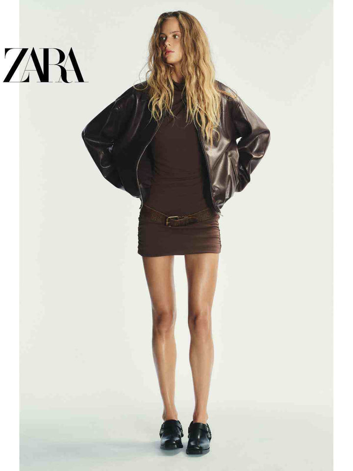 سترة نسائية من الجلد الصناعي أسود بتصميم طيار من مجموعة ZARA2025 Fall للنساء