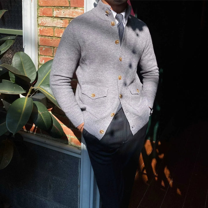 Mr. Lu San cardigan grey knit with brown buttons and front pockets, British style men's cardigan for elegant layered looks