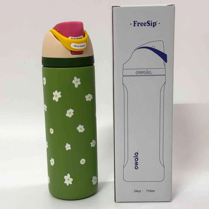 Owala FreeSip smart stainless steel water bottle with dual drinking spout and green floral design