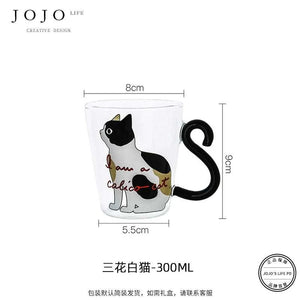 JOJO hand-painted cute cat glass coffee cup.