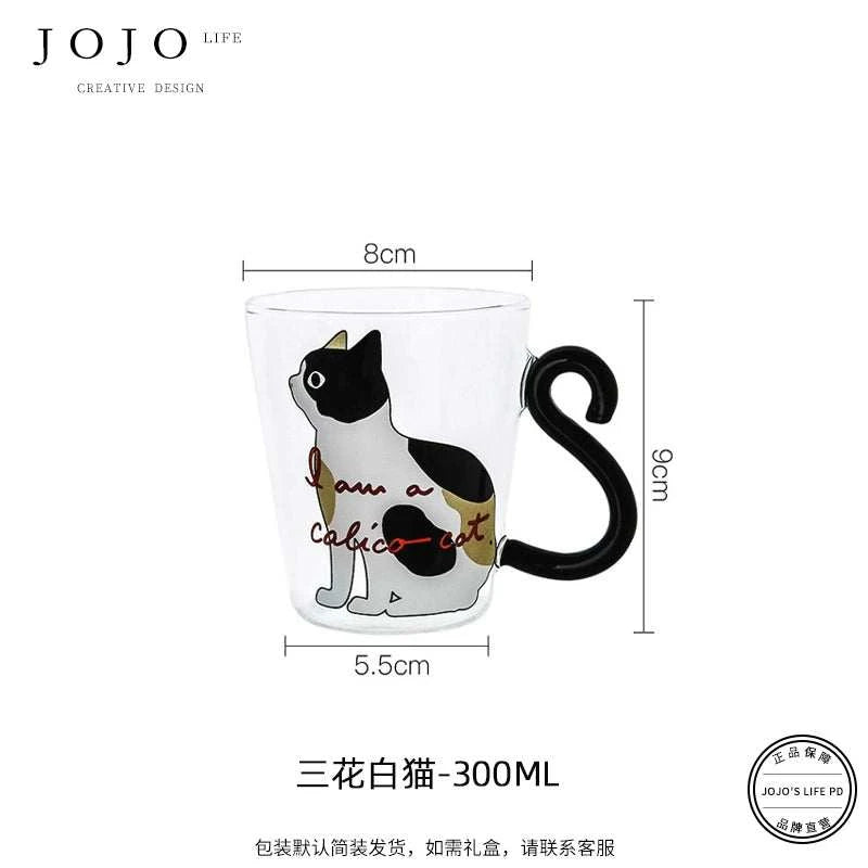 JOJO hand-painted cute cat glass coffee cup.
