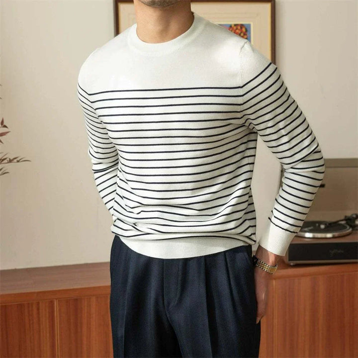 Mr. Lusan sea soul wool sweater white with navy horizontal stripes and ribbed cuffs and hem