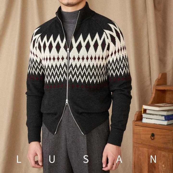 Mr. Deer Three Indian Sweater cardigan slim fit with geometric diamond patterns and contrasting zipper in dark charcoal and white colors