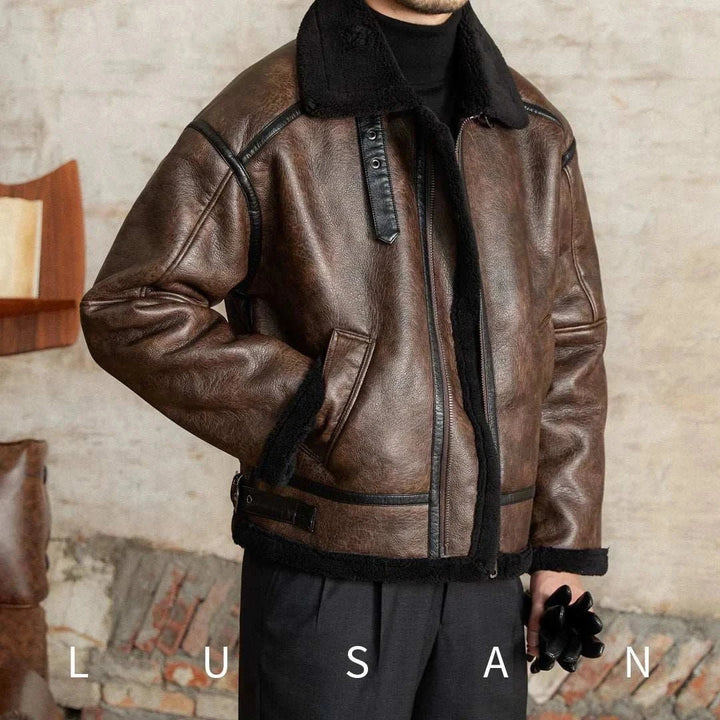 Mr. Lu San leather jacket brown shearling lined warm stylish men's outerwear