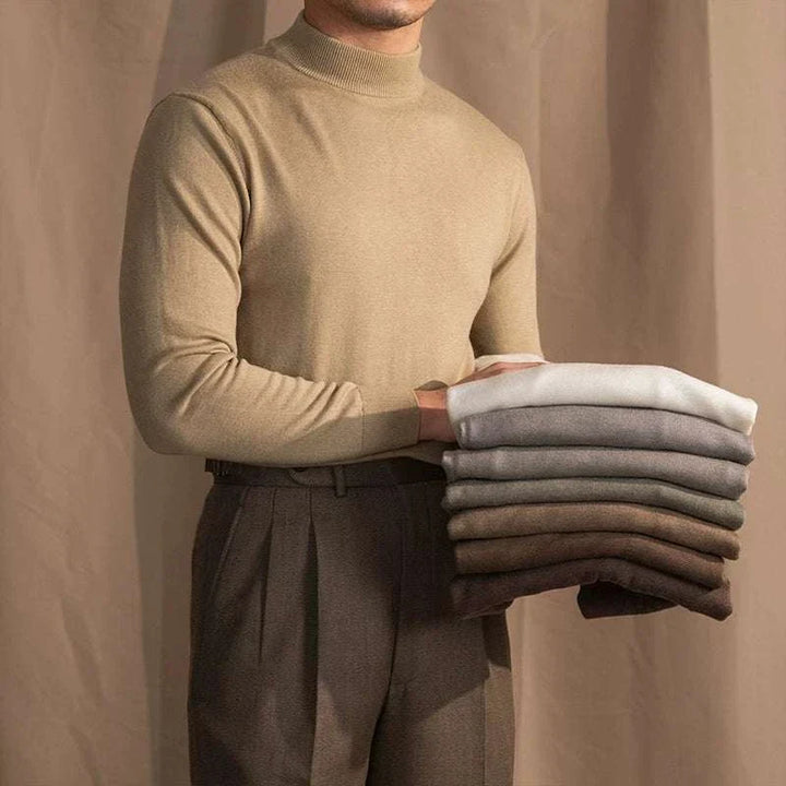 Mr. Lu San's 30% wool half-high neck slim fit sweater in beige with folded sweaters in neutral tones