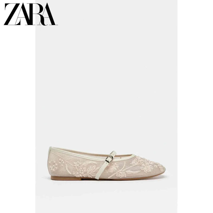 ZARA 2025 women's ballet flat shoe with mesh embroidery and pearls, adjustable strap, white.