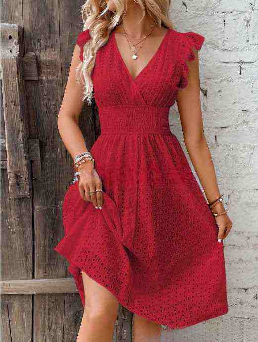 Elegant red V-neck dress with ruffle sleeves and cut-out design for plus-size women.