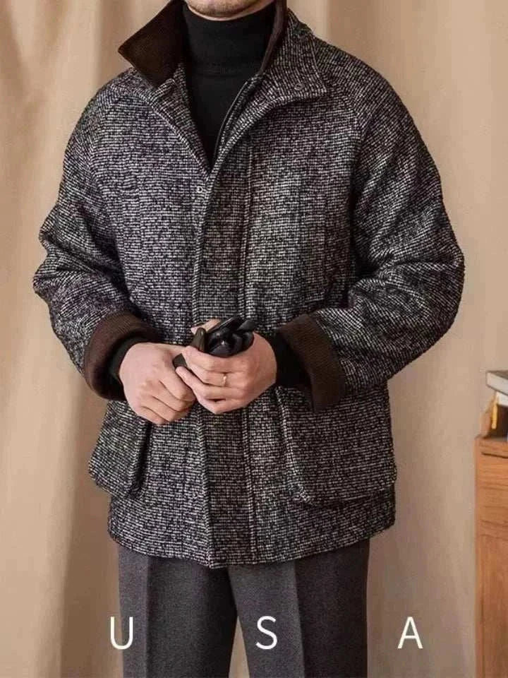 Mr. Lusan 92% wool heavy جاكيت نسيج تويد أسود وأبيض بأكمام طويلة وياقة korduroy بني للرجال