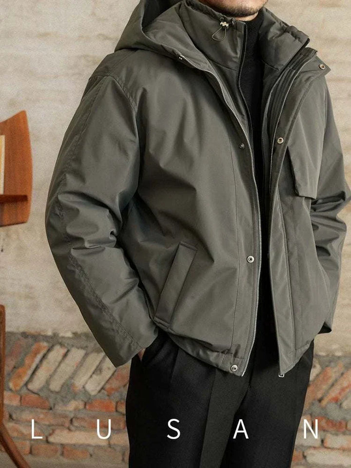 Mr. Lu San's windproof jacket in dark olive with hood and double zipper for warmth and urban style
