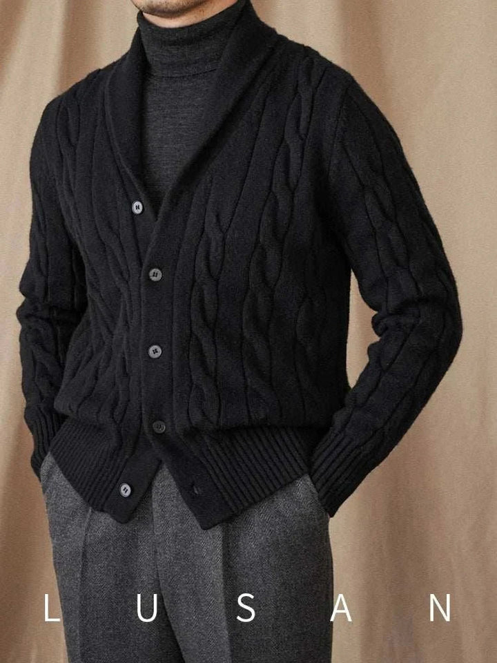 Mr. Lusan cardigan black cable knit shawl collar buttoned sweater for men