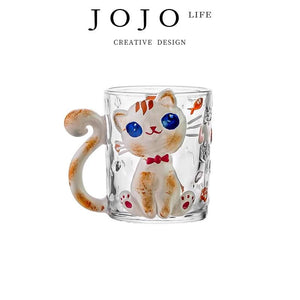 JOJO hand-painted cute cat glass coffee cup.
