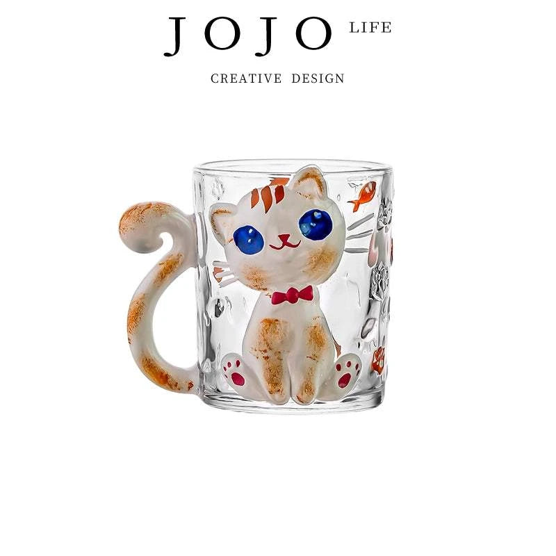 JOJO hand-painted cute cat glass coffee cup.