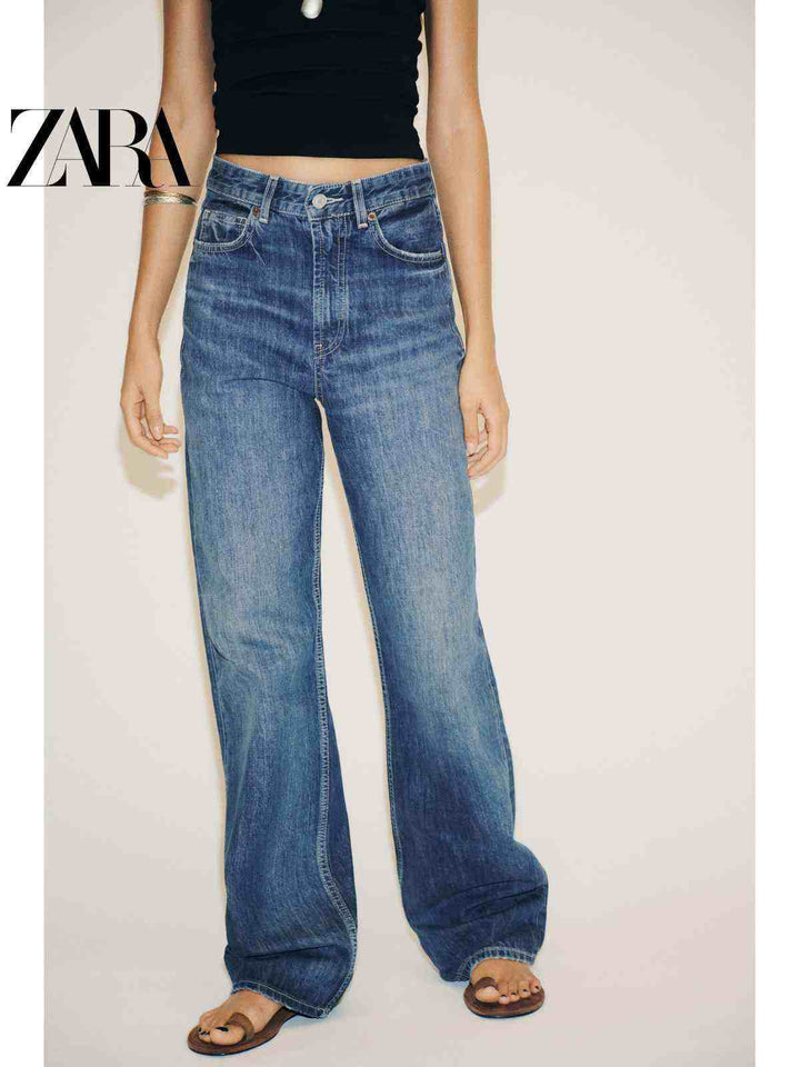 ZARA جينز ستريت ليج نسائي كاجوال بقصة مستقيمة وقماش قطني عالي الجودة
