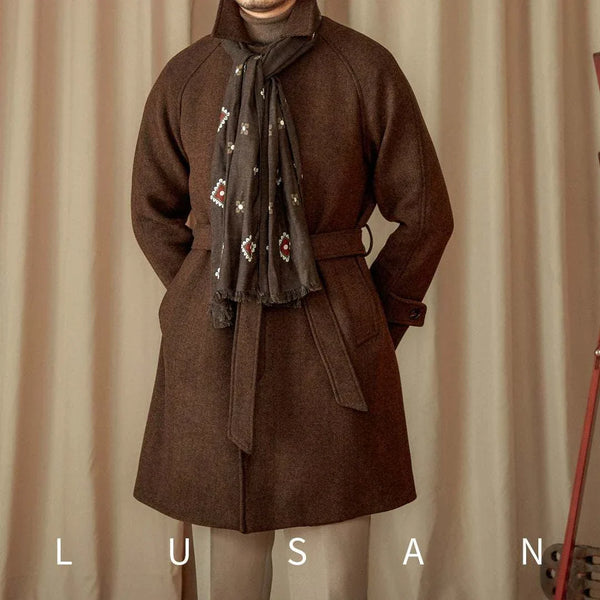 Mr. Lusan British Slim Jacket brown wool-like slim fit with belt and scarf styling