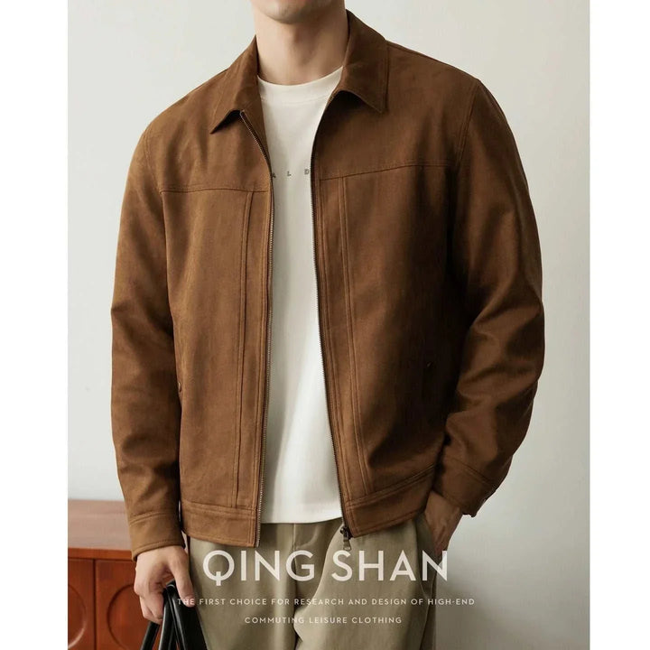 جاكيت شامواه رجالي بني فاخر بقصة كلاسيكية وسحّاب معدني وملمس ناعم للشتاء