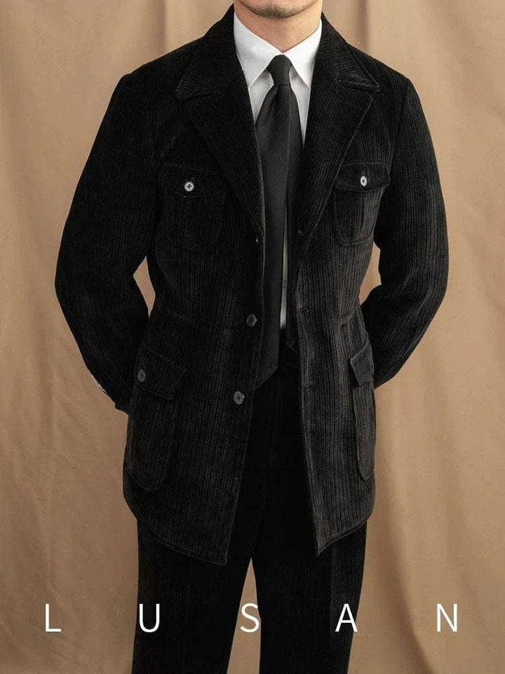 Mr. Lusan Jacket British black corduroy blazer with classic collar and buttoned pockets for formal and casual wear
