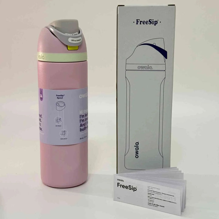 Owala Thermos Cup in pink with leak-proof FreeSip lid and packaging box.