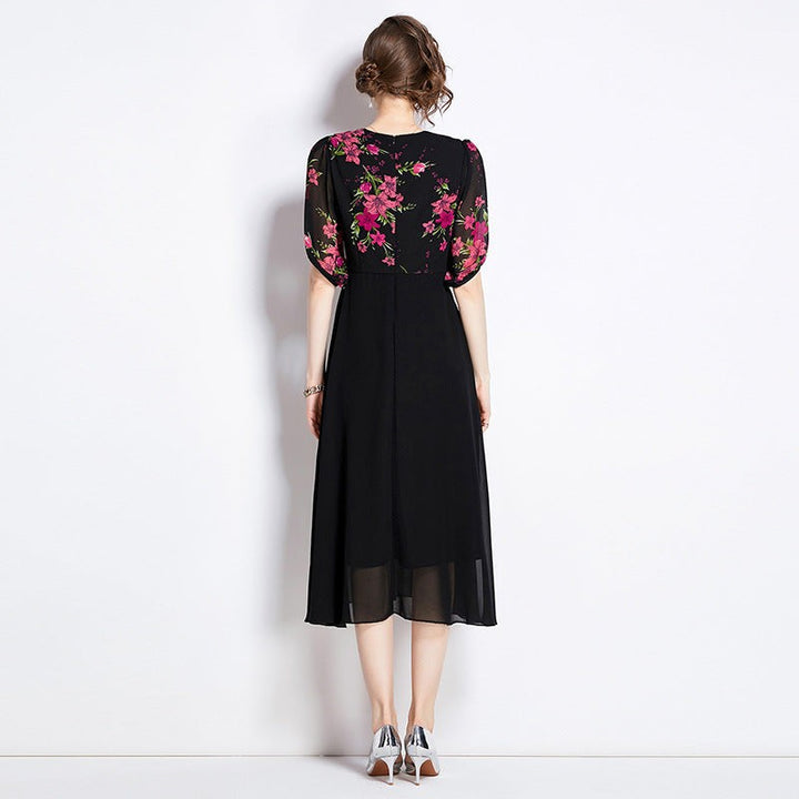 Black chiffon floral dress with sheer puff sleeves, elegant and retro high waist design.