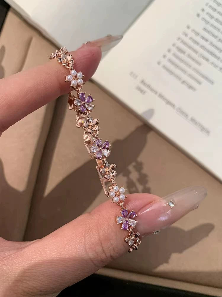 Flower sparkling diamond rose gold bracelet women's sweet light luxury luxury bracelet 2025 new hand jewelry