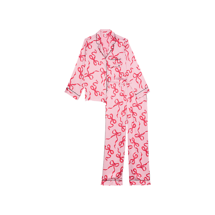 Victoria's Secret Show Series pink satin long sleeve pajama set with red ribbon pattern