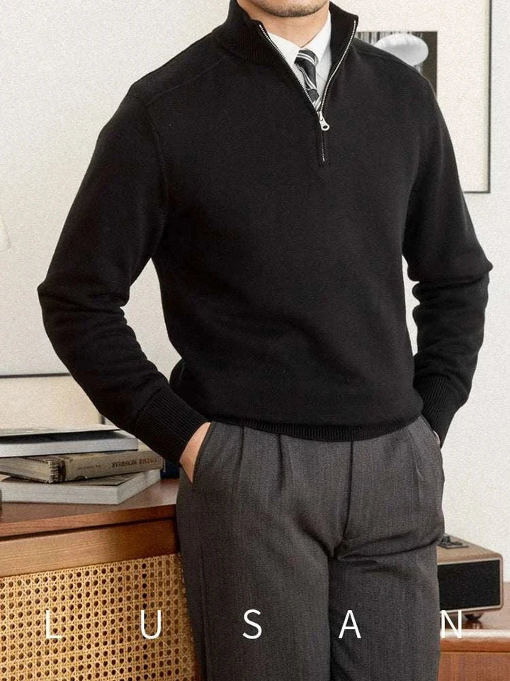 Mr. Lusan Italian slim black stand collar sweater with zipper and ribbed cuffs for a sleek formal look