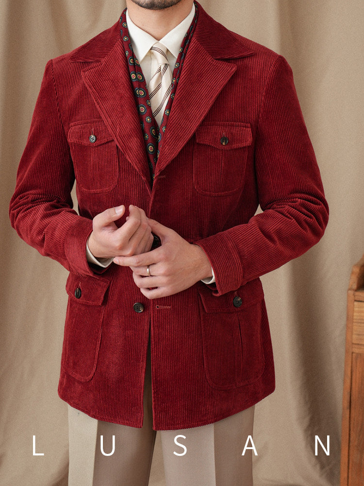 Mr. Lu San from Qingcang, autumn and winter vintage corduroy slim-fit hunting suit, pure cotton men's waist-cinching suit collar jacket, trendy men