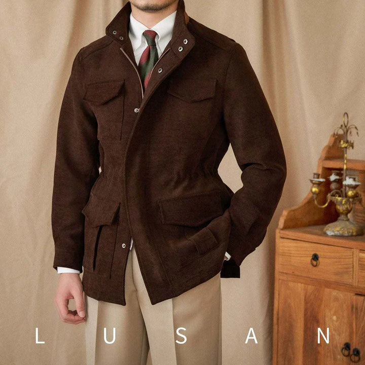 Mr. Lusan جاكيت Casual بني غامق كوردروي بأزرار ضغط وجيوب أمامية لستايل أنيق ومريح