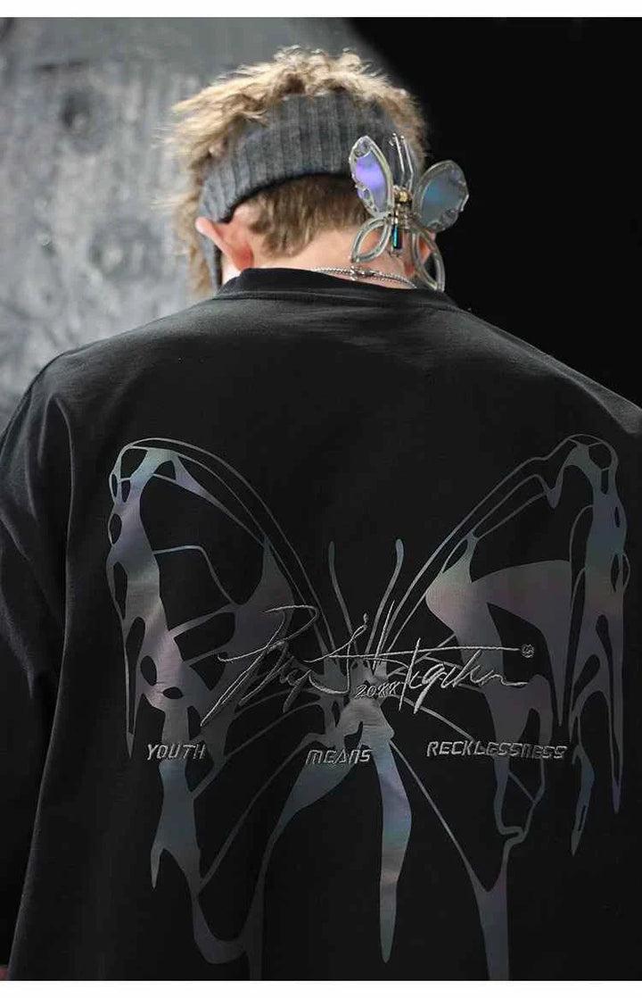 Black reflective butterfly print youth tee shirt with modern edgy design on back