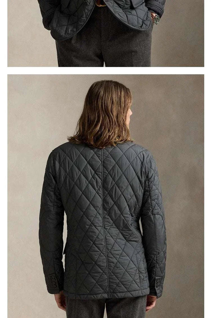 جاكيت رالف لورين رمادي مبطن بنمط ماسي أنيق مع ياقة مبطنة وخياطات متينة للدفء والأناقة اليومية