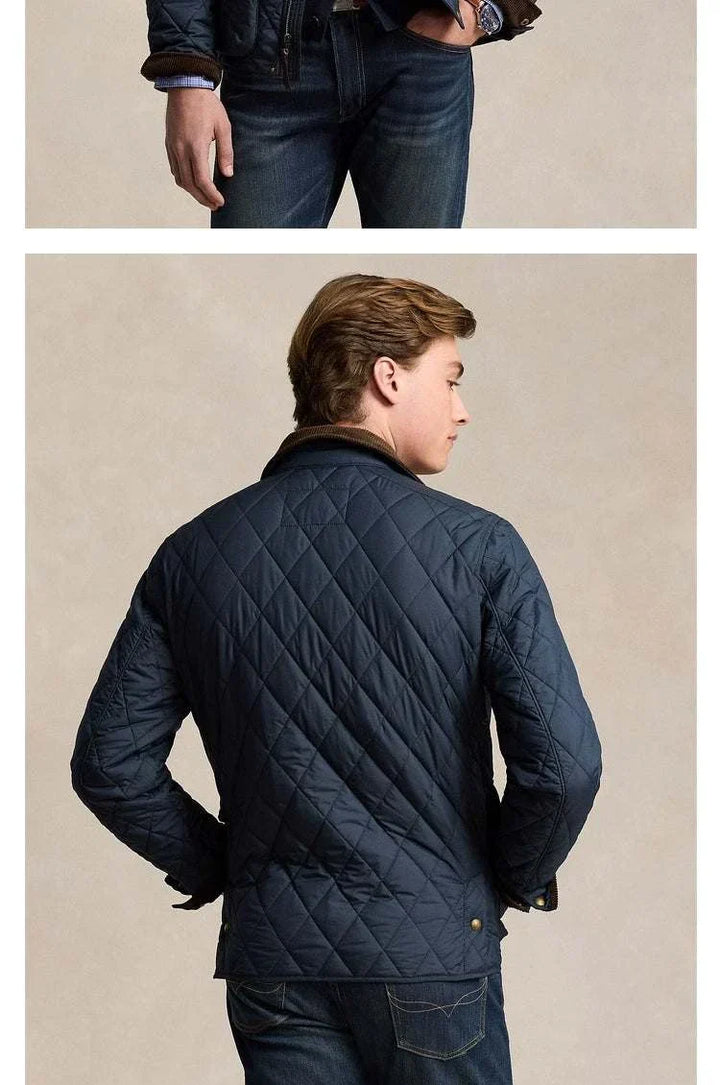 جاكيت رجالي من رالف لورين مبطن بنمط الماس باللون الكحلي مع ياقة قطيفة بنية أنيق وعالي الجودة