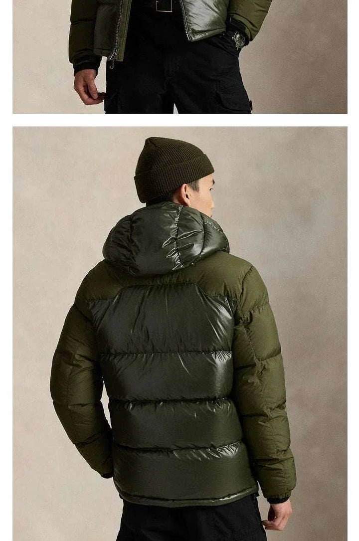 جاكيت رجالي من رالف لورين بلون زيتوني مع حشوة مبطنة وقبعة محكمة لمقاومة البرد