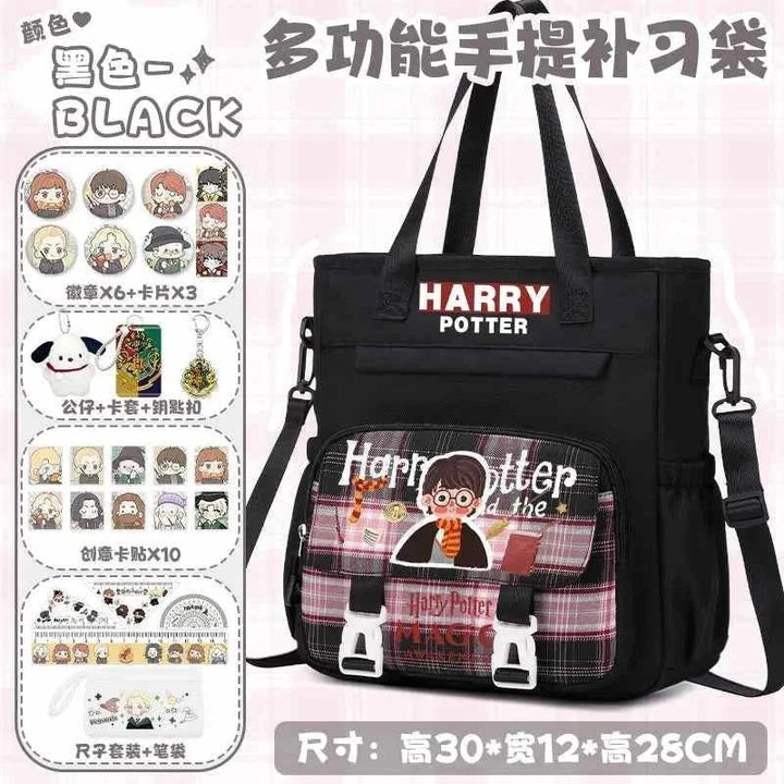Black Harry Potter school backpack with cartoon character design and multiple pockets for school use