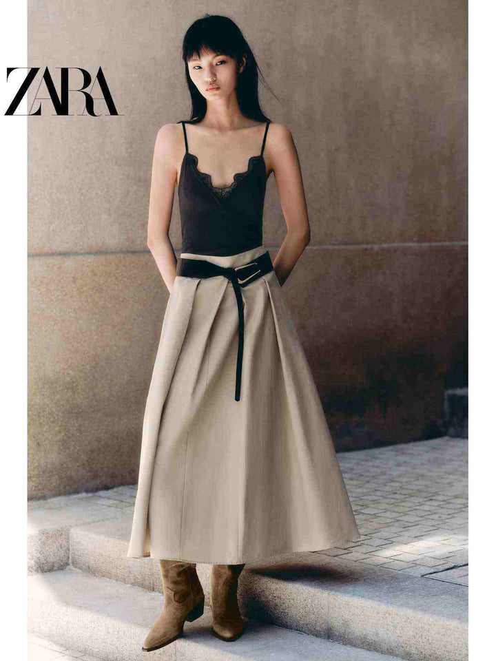 تنورة ميدي عالية الخصر بحزام من مجموعة ZARA2025 Autumn لخريف المرأة بتصميم A-Line أنيق