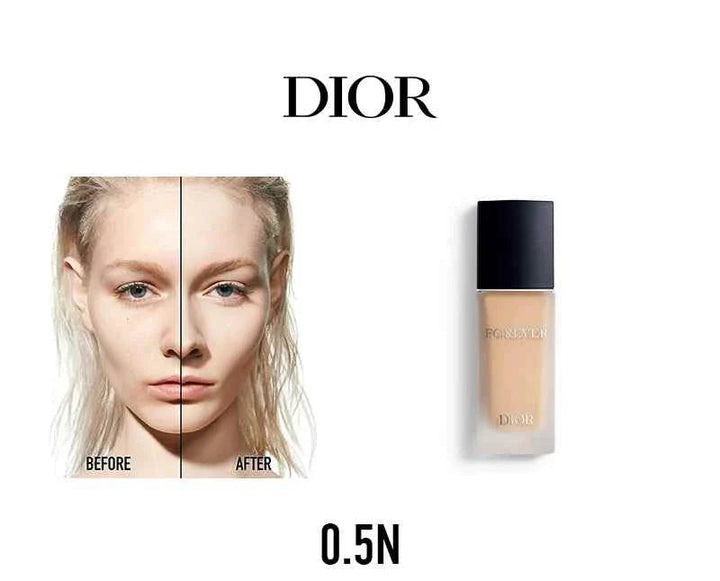 Dior Forever Foundation luxury set showing before and after skin glow with natural finish and long-lasting coverage bottle.
