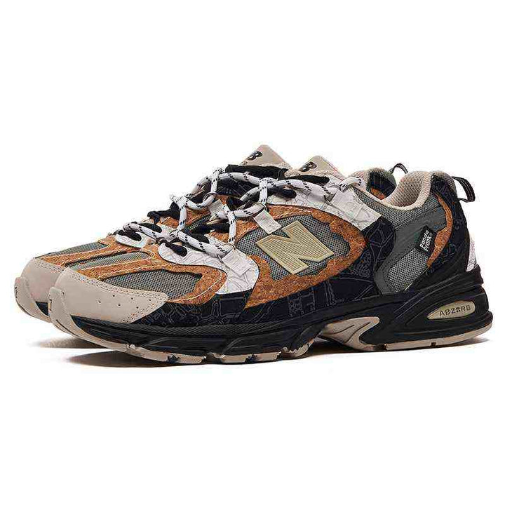 New Balance × PandaPrank limited edition sneakers in beige, olive green, black, and brown leather with ABZORB sole for shock absorption and breathable mesh design