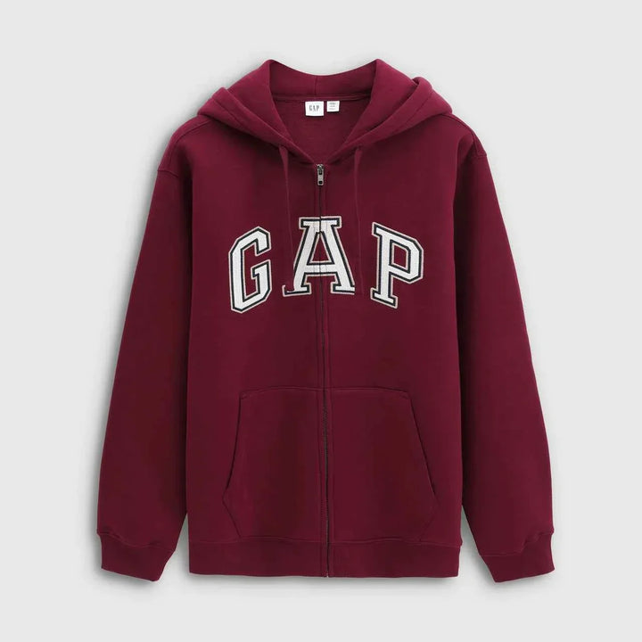 Gap هودي كلاسيكي أصلي رجالي ونسائي كاجوال بلون خمري مع سحاب وجيب أمامي