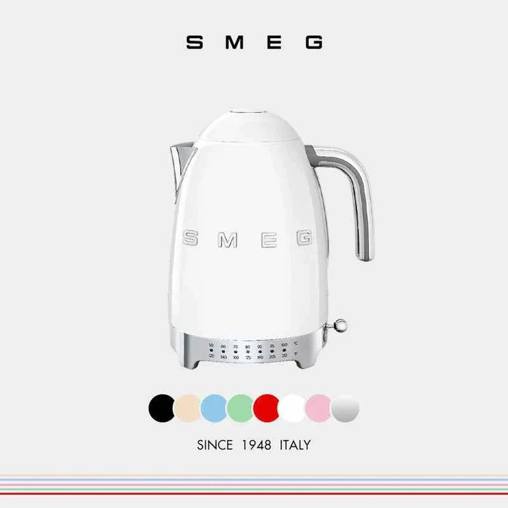 SMEG KLF04 Retro electric kettle in white with 1.7-liter capacity, stainless steel body, 7 temperature settings, and 360° rotating base.