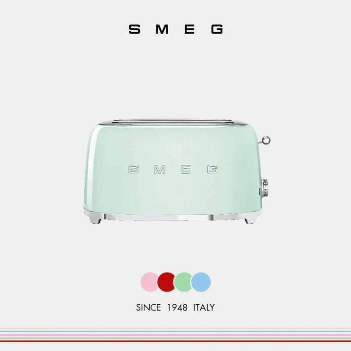 SMEG TSF02 toaster in pastel blue with two wide slots, six browning levels, and stainless steel crumb tray, Italian design since 1948.