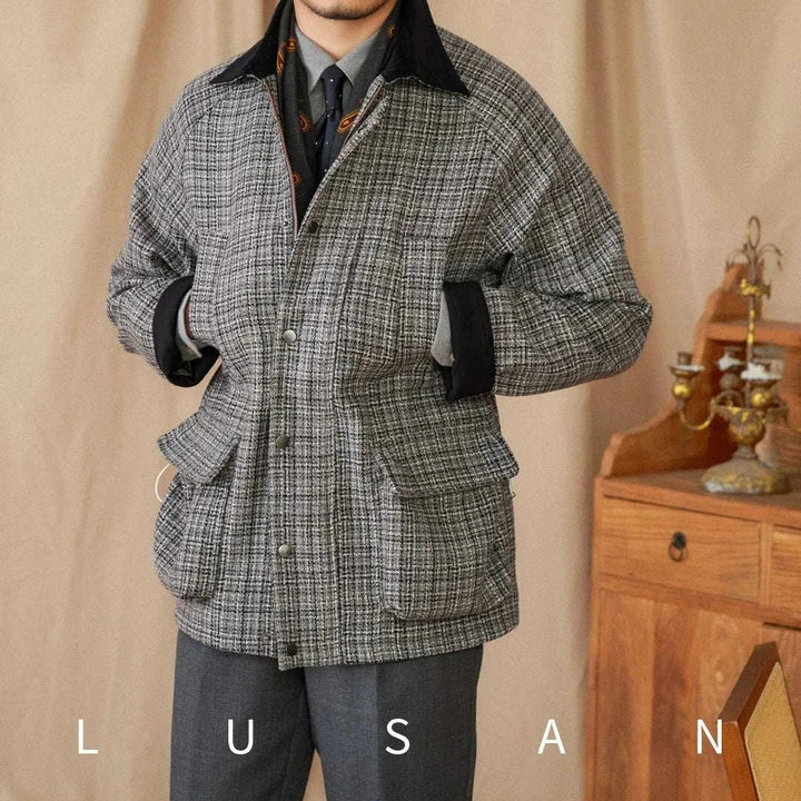 Mr. Lusan 50% wool British vintage jacket with gray tweed pattern, black velvet collar, and front pockets.