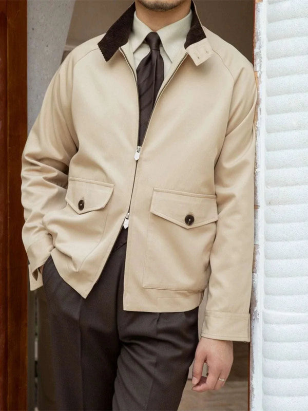 Mr. Lusan Men's Winter Jacket beige waterproof with dark corduroy collar and buttoned pockets