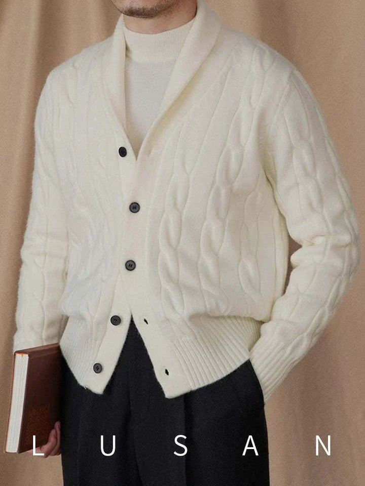 Mr. Lusan cardigan creamy shawl collar buttoned cable knit sweater for men
